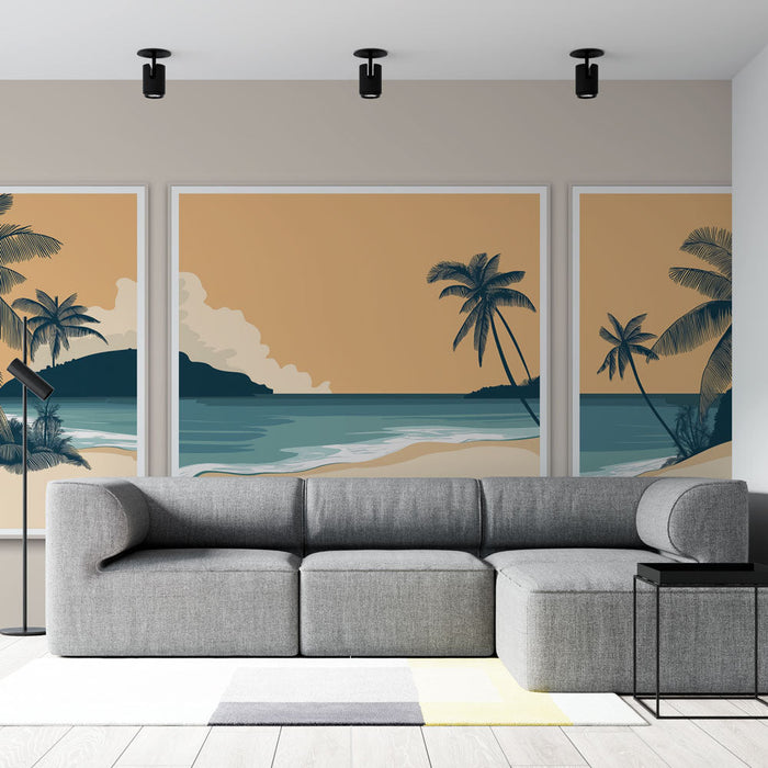Mural Wallpaper beach imitation painting | Tropical landscape with palm trees and calm sea