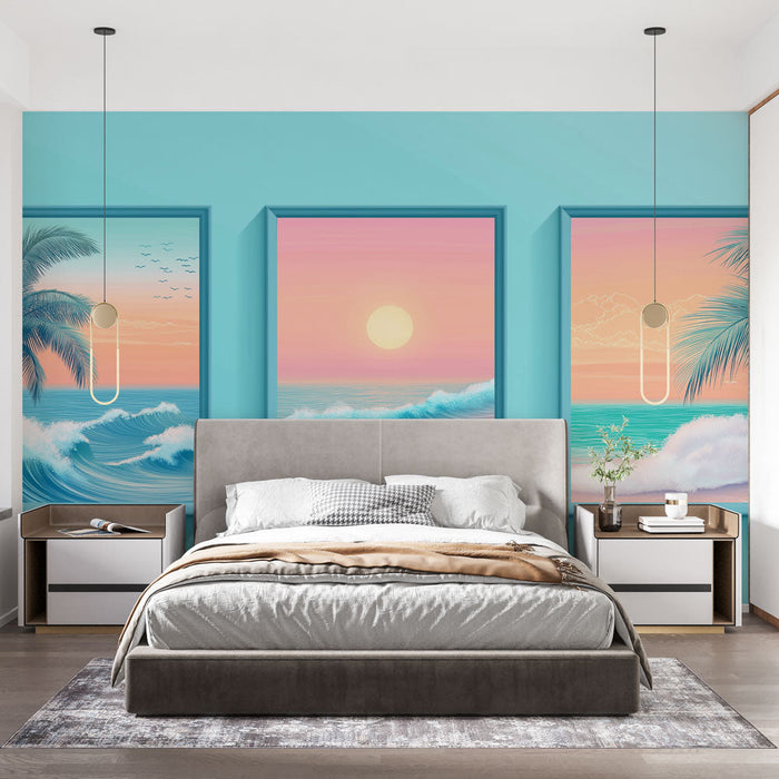 Papel pintado imitación de lienzo de playa | Vistas tropicales con palmeras al atardecer