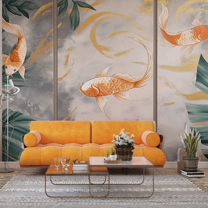 Fototapeet jäljenduslaud | Elegantne koi kala kuldse taustaga ja rohke taimestikuga