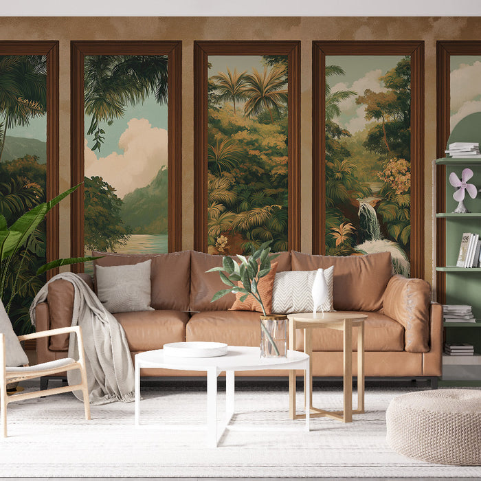 Carta da parati con imitazione di tavolo | Scena tropicale con cascate d'acqua e rigogliosa vegetazione