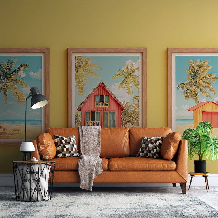 Tapet mural imitație | Scene de plajă tropicală cu palmieri și cabane colorate