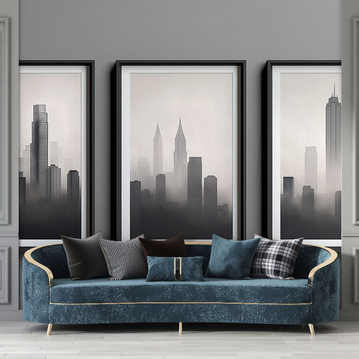 Papel pintado imitación mesa | Siluetas de rascacielos en blanco y negro en la niebla