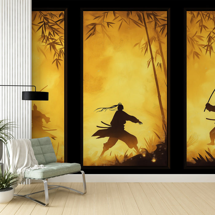 Mural Wallpaper imitation painting | Silhouettes of warriors in a golden bamboo forest