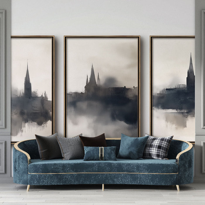 Mural Wallpaper imitation table | Blurry silhouettes of buildings in shades of black and gray
