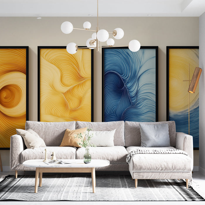 Tapete de imitación de mesa | Texturas onduladas en tonos de azul y amarillo