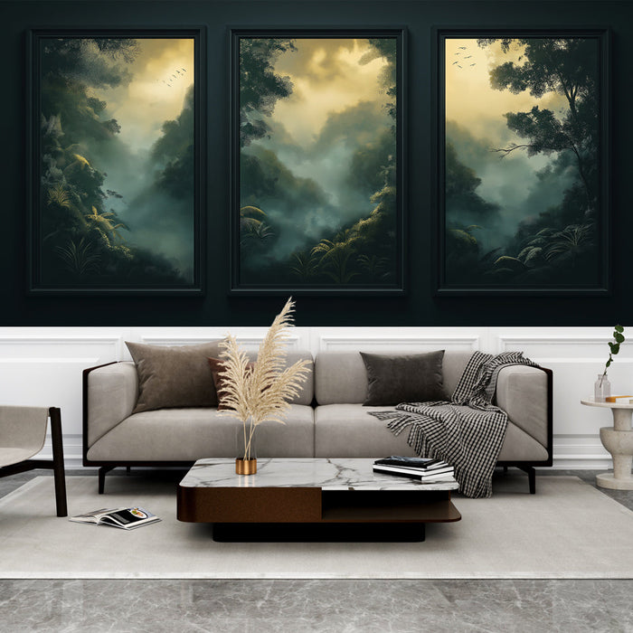 Tapéta festmény utánzat | Ködös erdő triptichon puha fényben