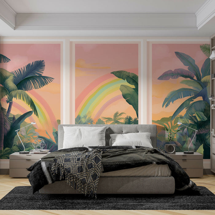 Ταπετσαρία τροπικού τοιχογραφήματος | Αφθονοί φοίνικες υπό έναν αποκαλυπτικό ουρανό με έναν ουράνιο τόξο