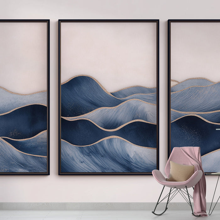 Fototapet lærredsimitation bølger | Beroligende design af blå og gyldne bølger