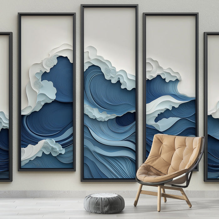 Papel pintado imitación tablero de olas | Horizontes marinos en tonos de azul