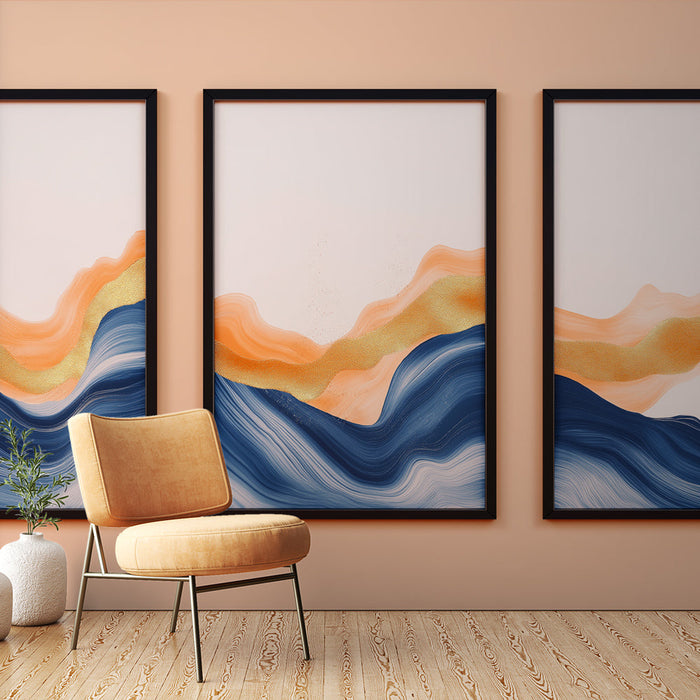 Carta da parati murale imitazione tela | Onde stilizzate in blu e arancione con tocchi dorati