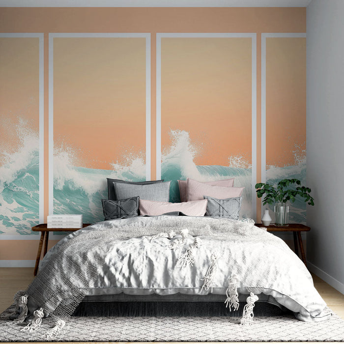 Tapete боядисване имитация вълни | Успокояваща серия тюркоазени вълни на коралов фон