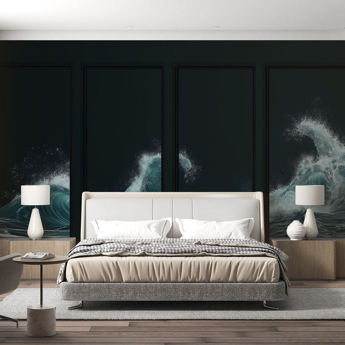 Tapete с изображение на морски вълни | Бушуващи вълни в тюркоазено на черен фон