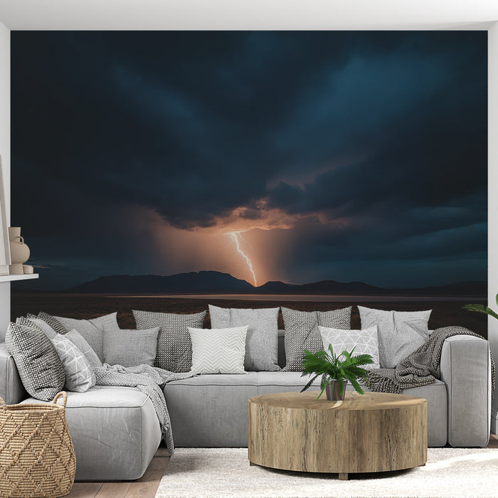 Tapeta burza | Błyskawica oświetlająca burzowe niebo