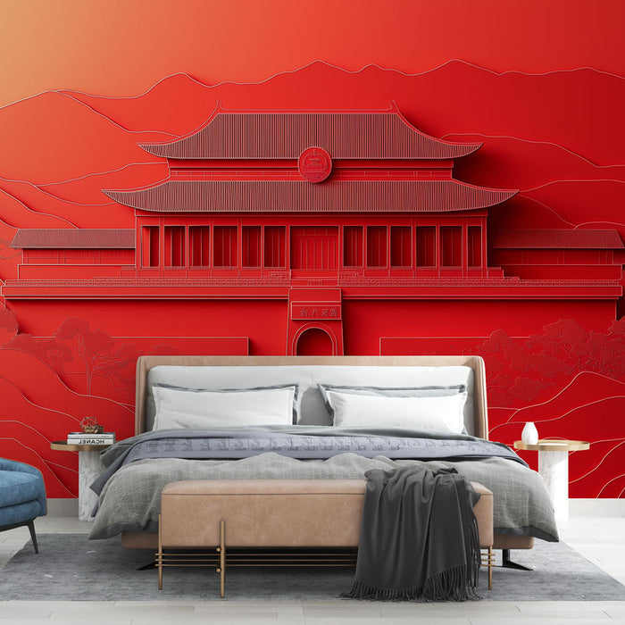 Papel de parede de templo asiático | Elementos tradicionais em fundo vermelho brilhante