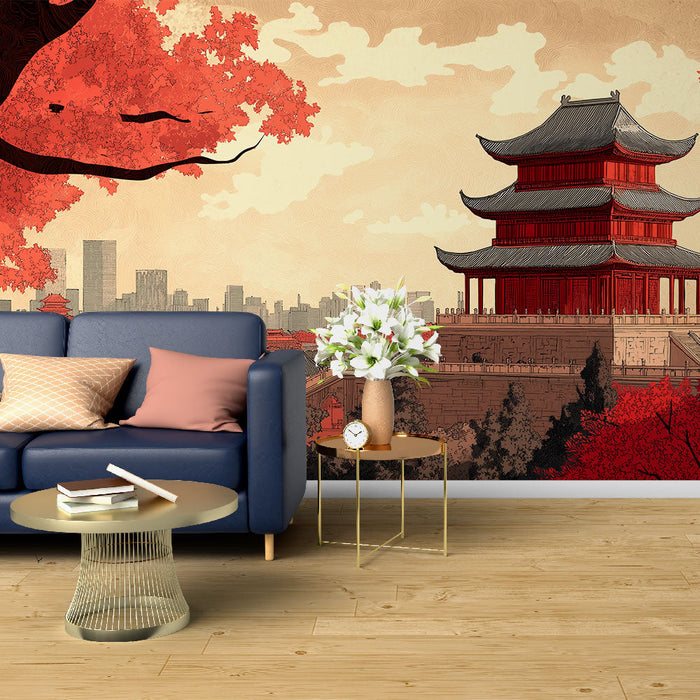 Mural Wallpaper Asian Temple | Illustration of a traditional temple surrounded by autumn foliage