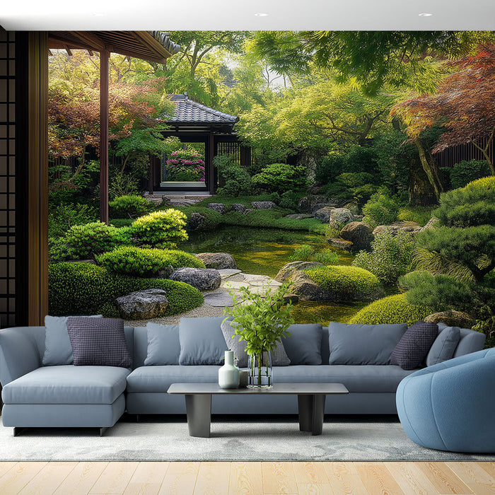 Papel de parede templo-japonês | Paisagem serena com lago e vegetação exuberante