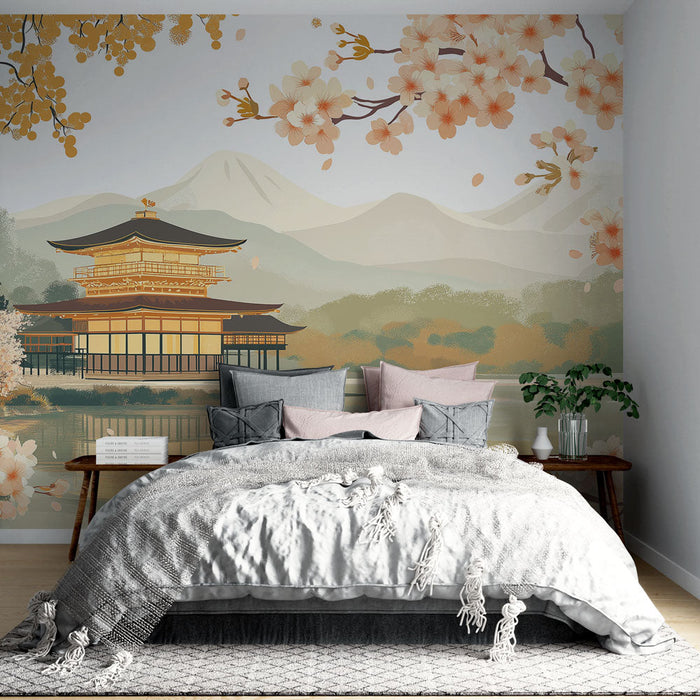 Papel de parede Templo japonês | Cena serena com cerejeiras e montanhas ao fundo