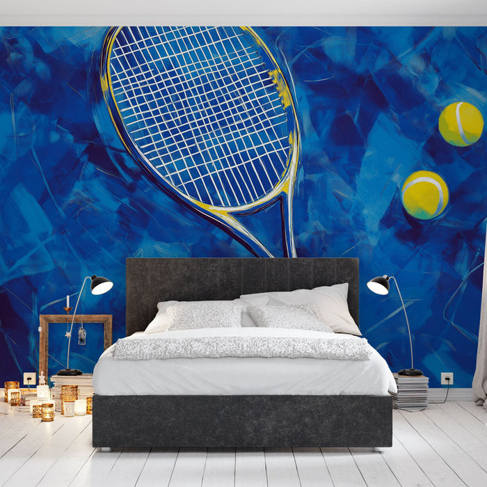Tapeta tenis | Raket a míčky na abstraktním modrém pozadí