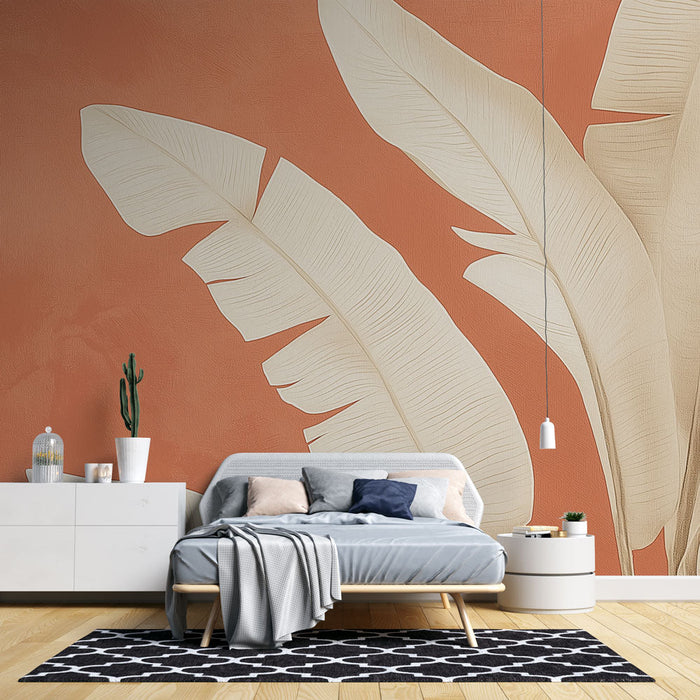 Tapeta terakota s listím | Bílé listy na elegantním terakotovém pozadí