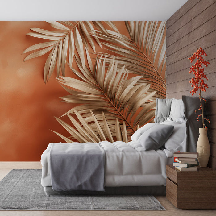 Ταπετσαρία τοίχου terracotta | Κομψά φύλλα σε ζεστό φόντο