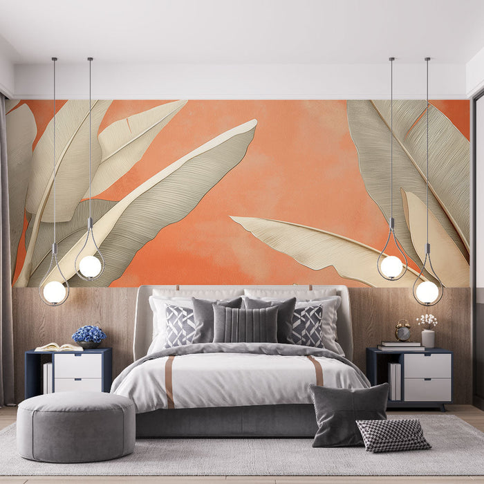 Ταπετσαρία τοίχου terracotta | Κομψά φύλλα σε φόντο terracotta