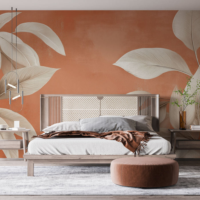 Fototapet terracotta | Stiliserede blade på en blød terracotta baggrund