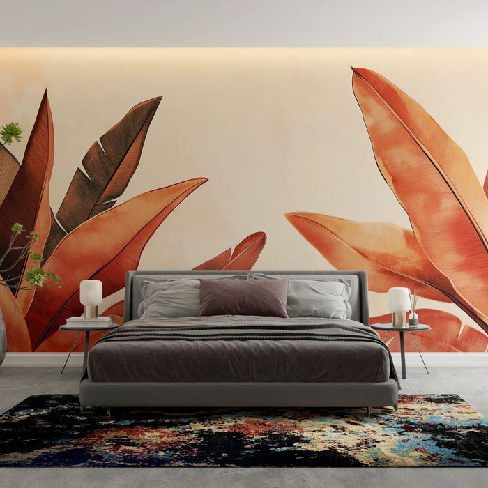 Papel de parede terracota | Folhas tropicais com tons quentes