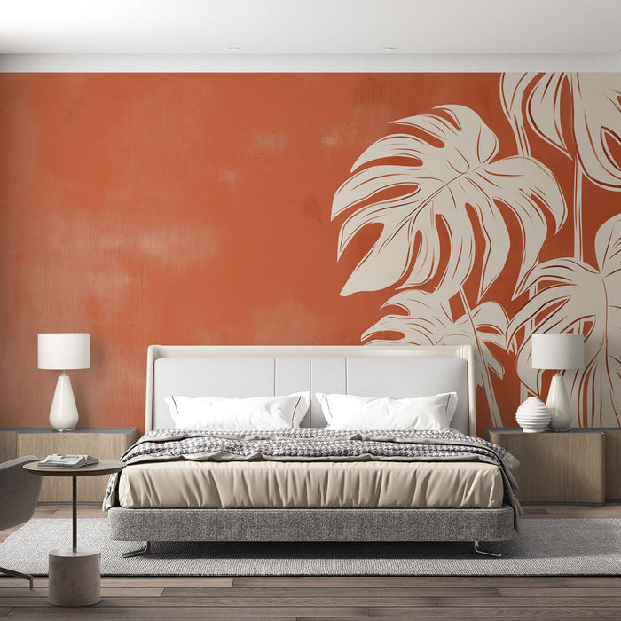 Tapete terracotta | Stilisiert tropische Blätter in Weiß auf terracotta Hintergrund