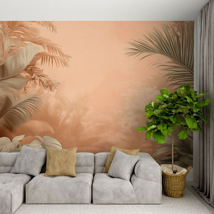 Ταπετσαρία τοίχου terracotta | Ένα καταπραϋντικό τροπικό τοπίο με στυλιζαρισμένο φύλλωμα