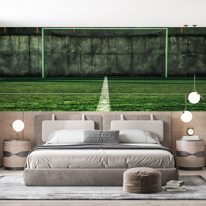 Carta da parati campo da calcio sintetico | Vista di una porta con erba verde brillante