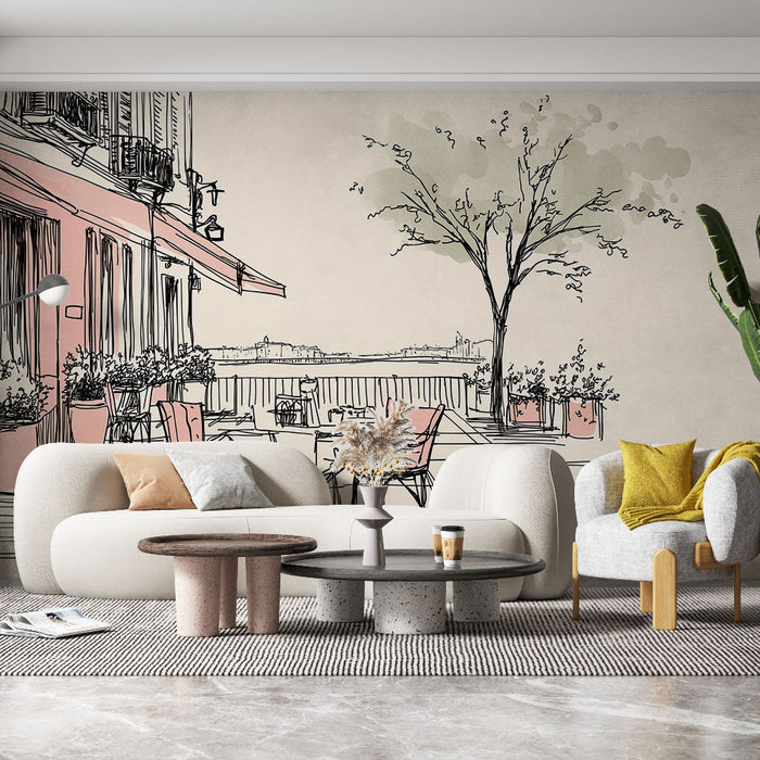 Ταπετσαρία με τοπίο σε εξωτερική βεράντα | Καφετέρια σε βεράντα με πολύχρωμες καρέκλες και φυτά