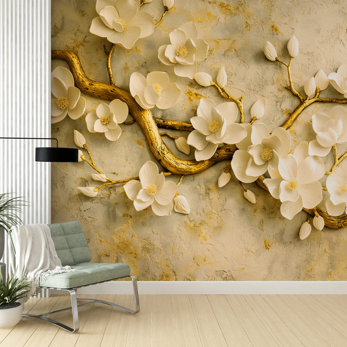 Fototapet za glavo postelje | Retro zlato drevo in cvetje