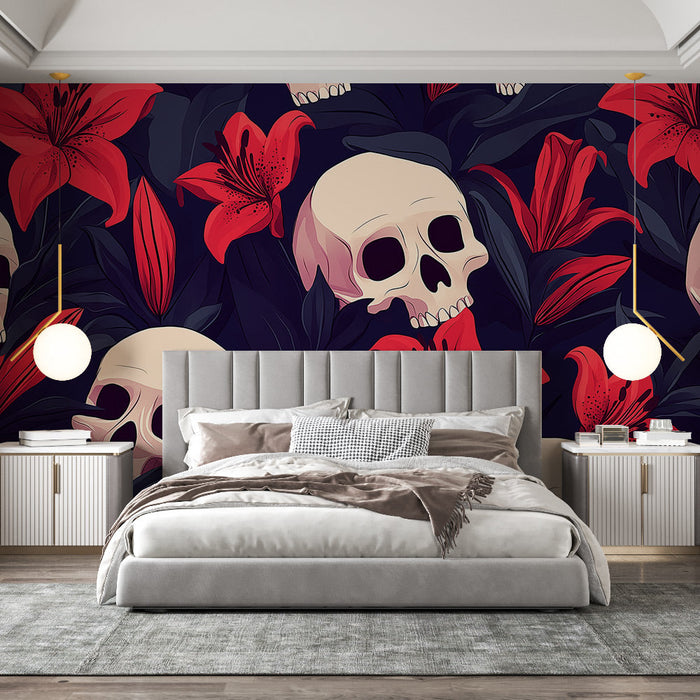Falfestmény koponya-fej | A piros trópusi virágok szívében