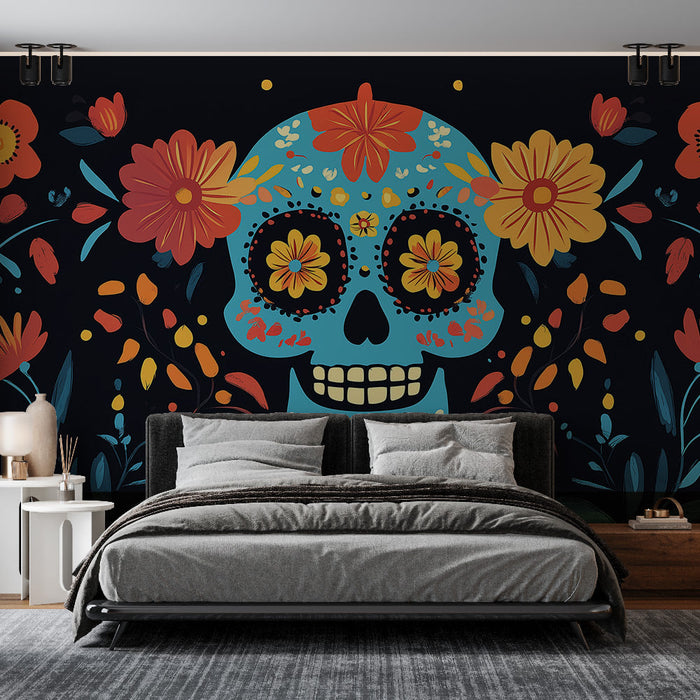 Mural Wallpaper blue skull | Dia de los muertos