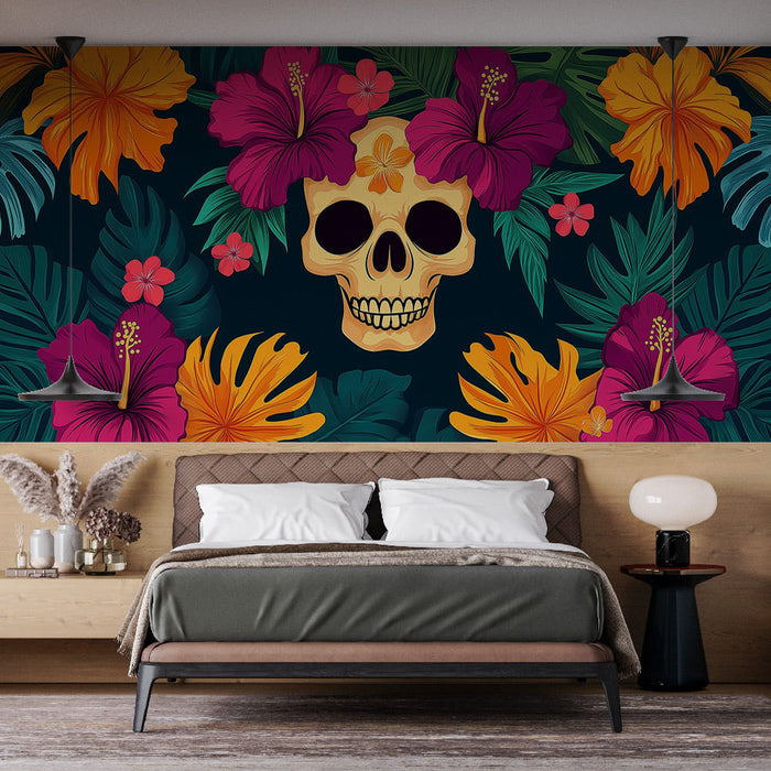 Falfestmény tapéta koponya | Bújócska trópusi virágok között
