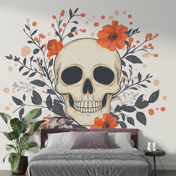 Elegant Skull Mural Wallpaper | Minimalism and Flowers