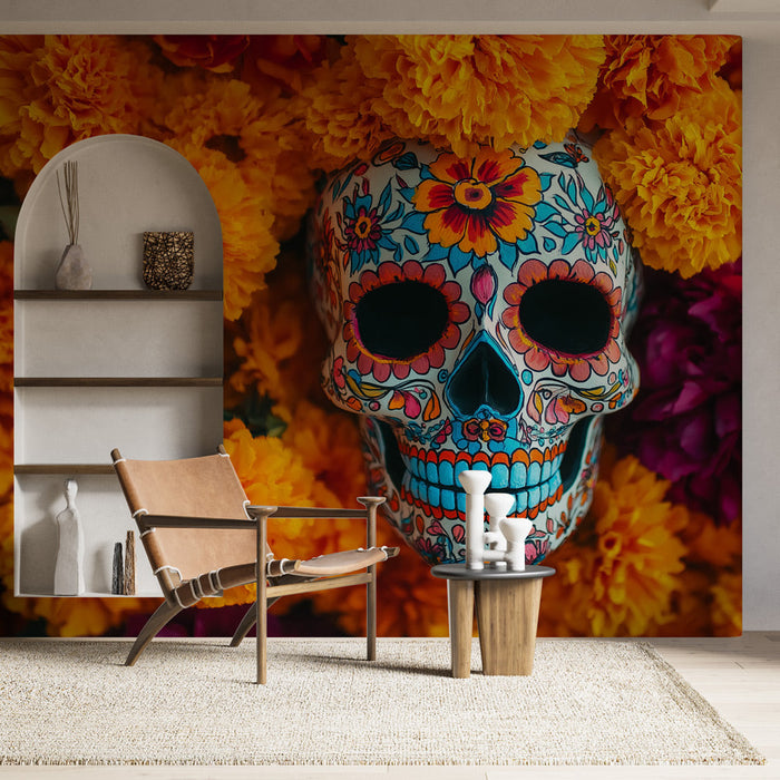 Carta da parati skull-head | Festa messicana con fiori di calendula