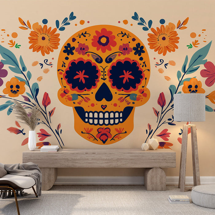 Muraaltapeet kolju pea | Lilled beežil taustal