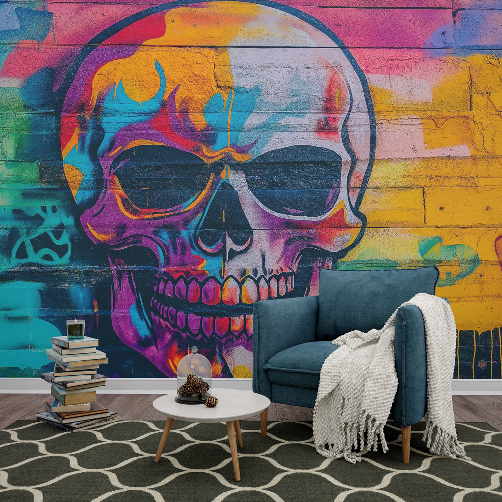 Foto Behang skull-head | Multicolor graffiti op betonnen muur — WonderMural, image size:1000x1000