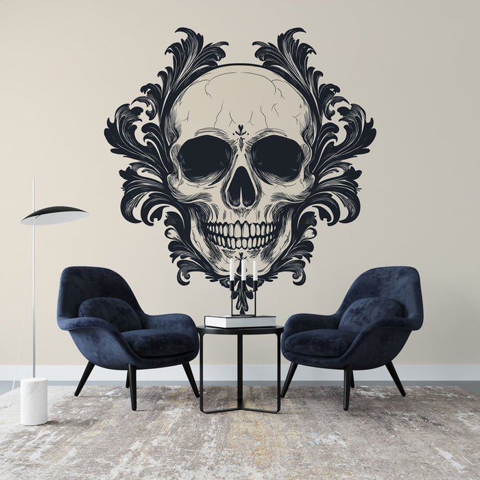 Papel pintado skull-head | Retro monocromo en fondo beige
