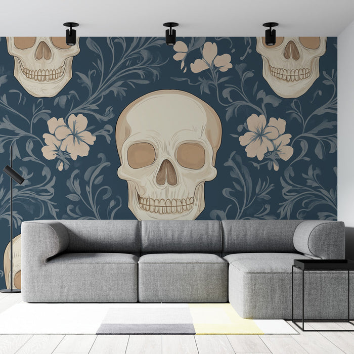 Papel de parede de caveira | Várias cabeças de caveira em fundo floral