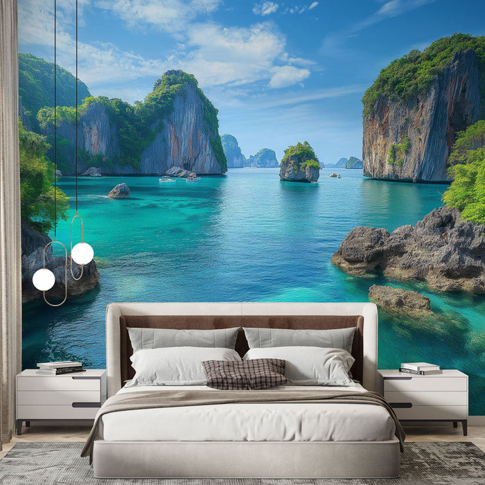 Foto Behang Thailand | Kustlandschap met turkoois water en weelderige kliffen