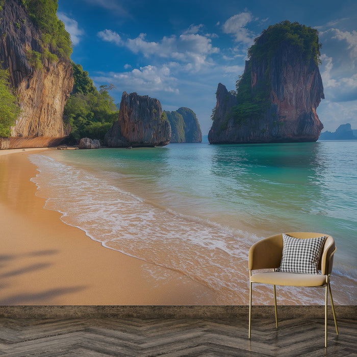Tapetti Thaimaa | Rannikkonäkymä hiekkarantoineen ja majesteettisine kalliomuodostelmineen