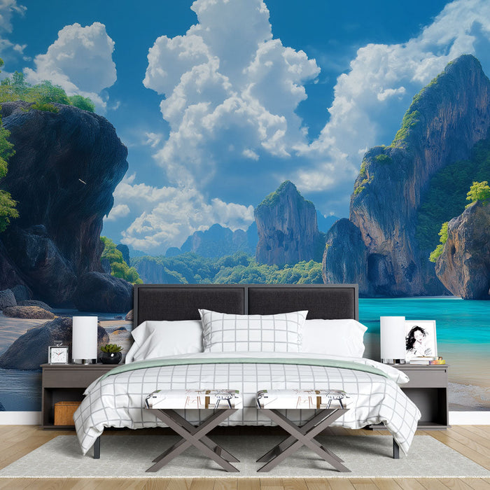 Foto Behang Thailand Beach | Idylisch Strand met Turquoise Lagune en Majestueuze Kliffen