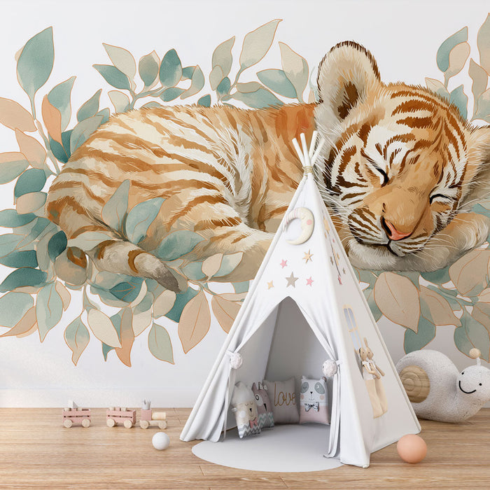 Fototapet tiger | Søt sovende tiger omgitt av delikat løvverk