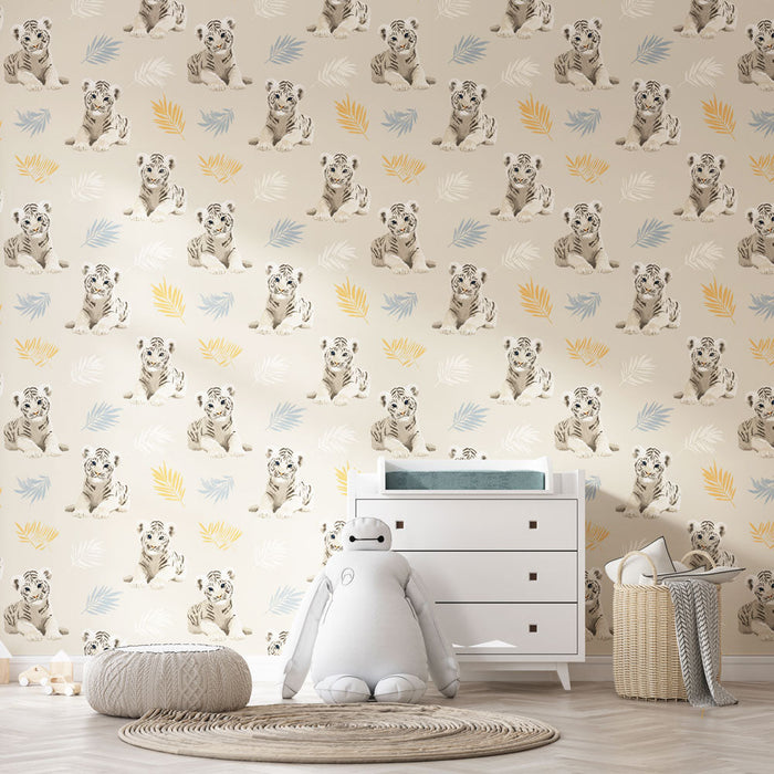 Ταπετσαρία τίγρης λευκής | Αξιαγάπητα μοτίβα λευκής τίγρης περιτριγυρισμένα από πολύχρωμα φύλλα