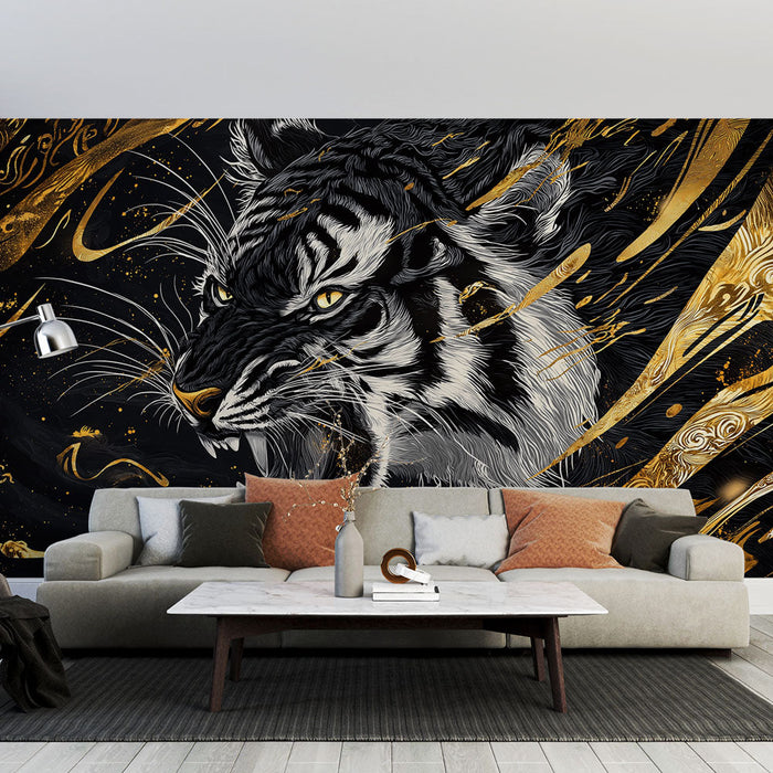 Mural Wallpaper golden tiger | Majestic tiger on black background with golden highlights