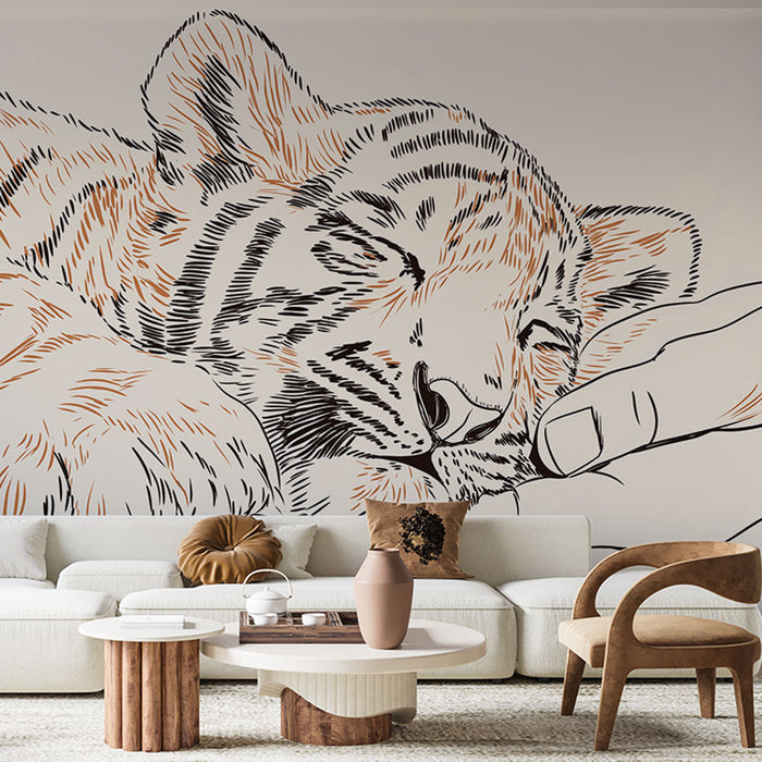 Fototapet søvnig tiger | Delikat illustration af en tiger i armene på en menneskehånd