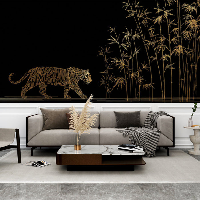 Foto Behang tijger en bamboe | Elegant gouden motief op een zwarte achtergrond