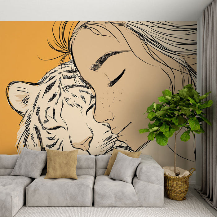 Tapetti tiikeri ja tyttö | Suloinen kuvitus tytöstä, joka halaa valkoista tiikeriä oranssilla taustalla